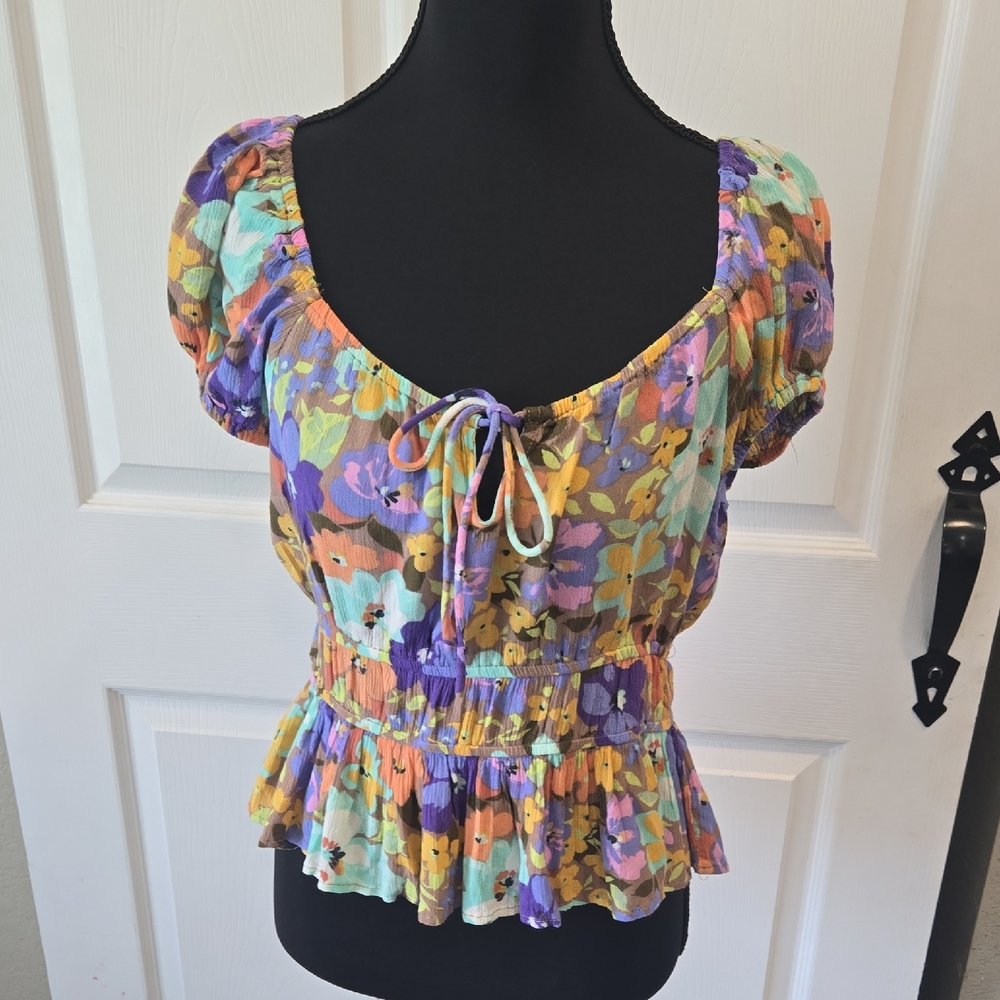 O'Neill Smocked Peplum Blouse‎ with Puff Sleeves in Purple and Yellow